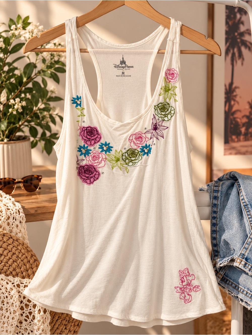 Disney White Floral Embroidered Racerback Tank